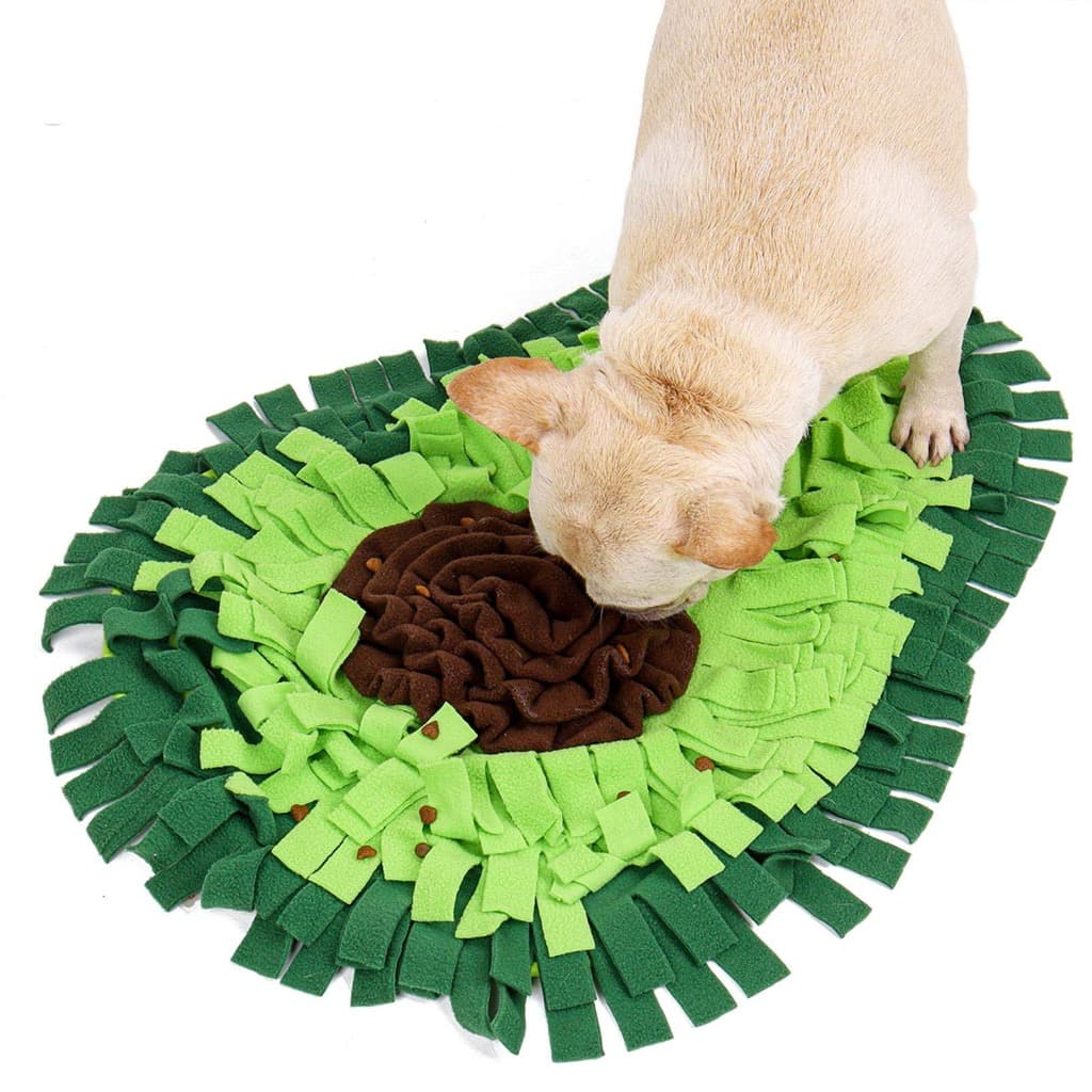 French Bulldog sniffing treats in Avocado Snuffle Mat