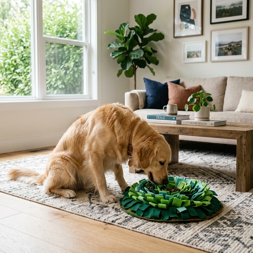 Golden Retriever using Avocado Snuffle Mat in living room